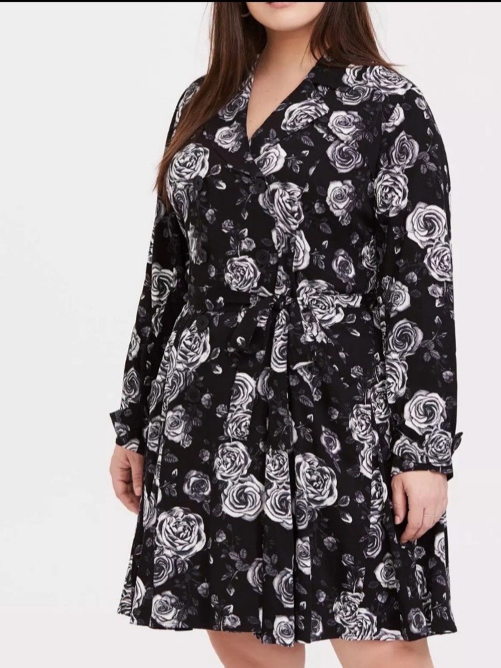 Torrid Twill fit and flare skater plaid Black Floral Trench Coat